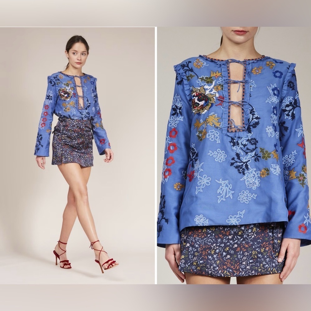 New! Elliette Silk Penny Floral Embroidered Beaded Blue Silk Blouse 💙 Small